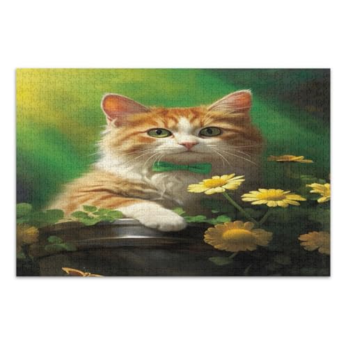 St. Patrick's Day Puzzle Katze mit Blumen, 500 Teile, einzigartige Puzzles, lustige und farbenfrohe Wandkunst, fertige Größe 50,5 x 37,9 cm von CHIFIGNO