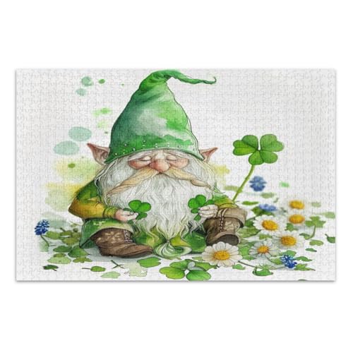 St. Patrick's Day Zwerg mit Kleeblatt, Puzzle, 500 Teile, lustige und farbenfrohe Kunstwerke, Heimdekoration, Familienpuzzles, fertige Größe 50,5 x 37,9 cm von CHIFIGNO