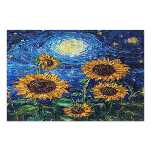 Sternennacht-Sonnenblumen-Puzzle, 1000 Teile, lustige und farbenfrohe Wandkunst, coole Puzzles, fertige Größe 75 x 50 cm von CHIFIGNO