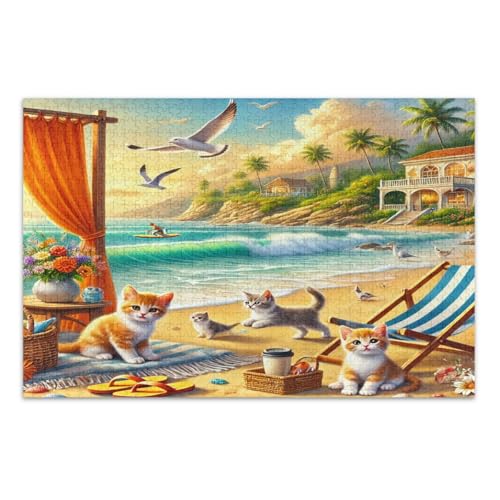 Süße Katzen Strandszenen 1000 Teile für Erwachsene, lustige Puzzles für Spielabende, fertige Größe 75 x 50 cm von CHIFIGNO