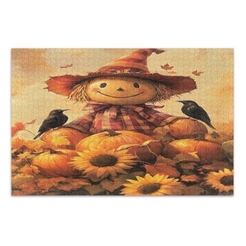 Süße Vogelscheuche Sonnenblumen Kürbisse Puzzles für Erwachsene 1000 Teile Weiß Elefant Geschenkideen Schwierige Puzzles, Fertige Größe 29,5 x 19,7 Zoll von CHIFIGNO