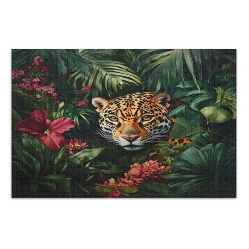 Tropische Blumen, Leoparden-Puzzle, 1000 Teile, lustiges Puzzle, lustige und farbenfrohe Wandkunst, fertige Größe 75 x 50 cm von CHIFIGNO