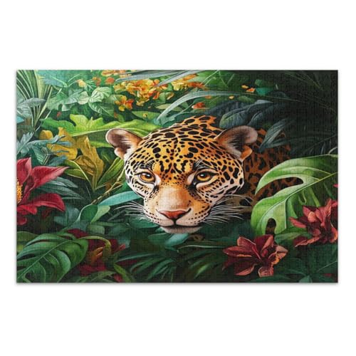 Tropische Blumen Leopard Puzzle 1000 Teile, Familienpuzzle Herausfordernde Familienaktivität, Fertige Größe 29,5 x 19,7 Zoll von CHIFIGNO