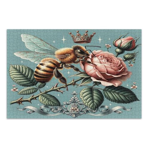 Vintage Bee Rose Blumen Puzzle 1000 Teile Unterhaltung Spielzeug Geburtstagsgeschenk Familie Puzzle, Fertige Größe 29,5 x 19,7 Zoll von CHIFIGNO