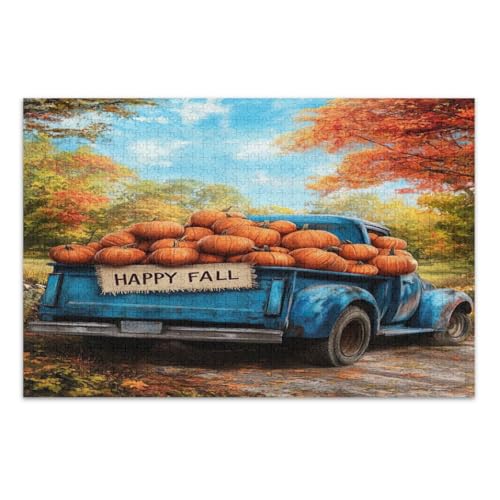 Vintage Blue Truck Pumpkins Puzzle 500 Teile Erwachsene Spaß Spiel für Männer Frauen Familie Puzzles, Fertige Größe 20,5 x 14,9 Zoll von CHIFIGNO