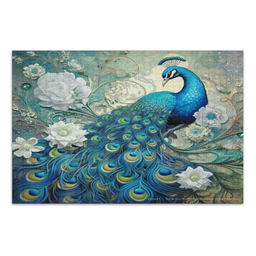 Vintage Pfau mit Blumen Puzzle für Erwachsene 500 Teile Familienpuzzle Abschluss oder Geburtstagsgeschenk, fertige Größe 20,5 x 14,9 Zoll von CHIFIGNO