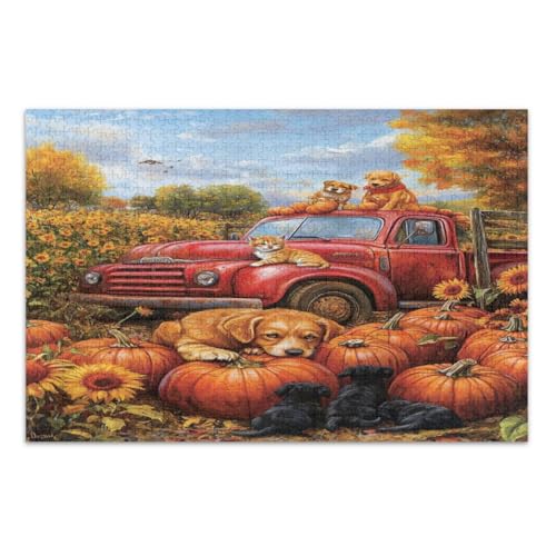 Vintage Red Truck Kürbisse Sonnenblumen Süße Hunde Puzzles 500 Teile für Erwachsene Unterhaltung Spielzeug Geburtstagsgeschenk Familie Puzzle, Fertige Größe 20,5 x 14,9 Zoll von CHIFIGNO