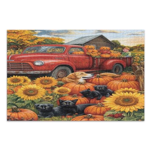 Vintage Red Truck Pumpkins Sunflowers Black Cats 500 Piece Jigsaw Puzzles, Family Puzzle Graduation or Birthday Gift, Finished Size 20.5 x 14.9 Inches von CHIFIGNO