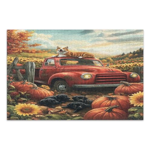 Vintage Red Truck Pumpkins Sunflowers Cute Dogs Jigsaw Puzzles 500 Pieces Difficult Puzzles Educational Intellectual Jigsaw Puzzle, Finished Size 20.5 x 14.9 Inches von CHIFIGNO