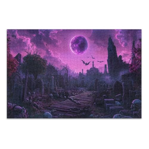 Violette Halloween-Szenen-Puzzles, 1000 Teile, einzigartige Puzzles, lustige und farbenfrohe Kunstwerke, Heimdekoration, fertige Größe 75 x 50 cm von CHIFIGNO