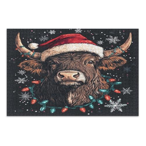 Weihnachten Highland Cow Santa Hat Puzzles für Erwachsene 1000 Teile, schwierige Puzzles Herausfordernde Familienaktivität, Fertige Größe 29,5 x 19,7 Zoll von CHIFIGNO