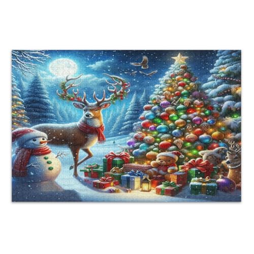 Weihnachtsbaum-Puzzle, Schneemann, Hirsch, 1000 Teile, coole Puzzles, lustige und farbenfrohe Kunstwerke, Heimdekoration, fertige Größe 75 x 50 cm von CHIFIGNO