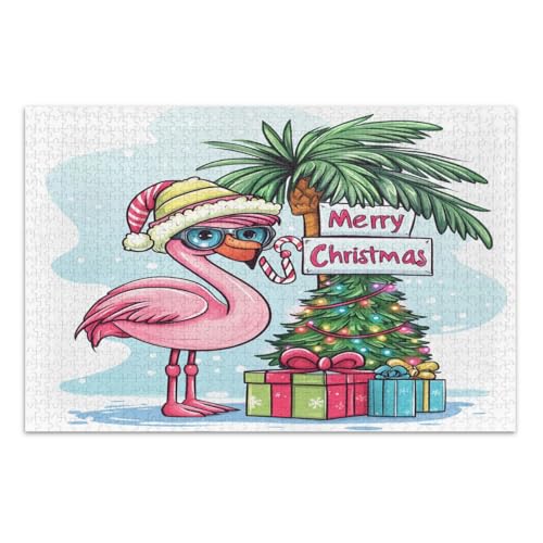 Weihnachtspuzzle, Flamingo-Palme, 1000 Teile, Familienpuzzle, lustige und farbenfrohe Kunstwerke, Heimdekoration, fertige Größe 75 x 50 cm von CHIFIGNO