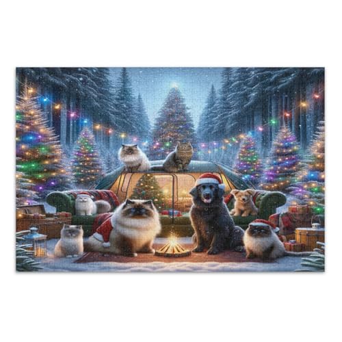 Weihnachtspuzzle mit Katzen und Hunden, 1000 Teile, einzigartige Puzzles, lustige und farbenfrohe Wandkunst, fertige Größe 75 x 50 cm von CHIFIGNO