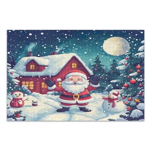 Weihnachtsszene, Weihnachtsmann, Schneemann, Puzzle, 1000 Teile, für Erwachsene, lustige und farbenfrohe Wandkunst, coole Puzzles, fertige Größe 75 x 50 cm von CHIFIGNO