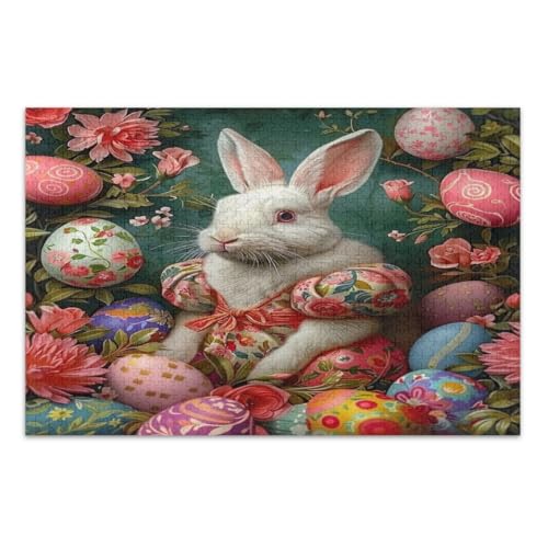 Weißes Kaninchen mit Ostereiern Puzzles 500 Teile für Erwachsene, lustige und farbenfrohe Wandkunst, fertige Größe 50,5 x 37,9 cm von CHIFIGNO