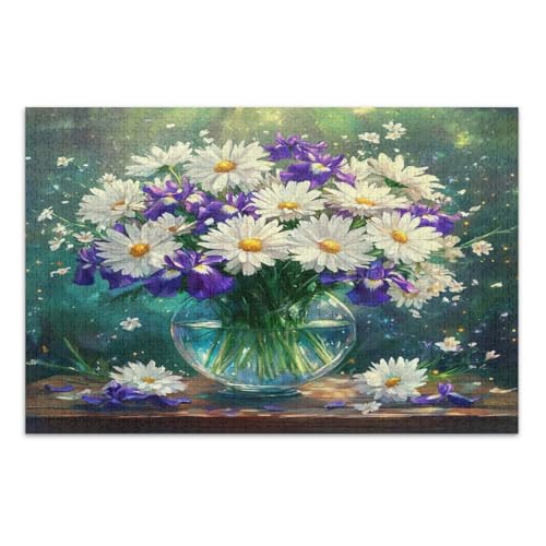 Wunderschönes Puzzle mit weißen Gänseblümchen und violetten Schwertlilien, 500 Teile, lustiges Puzzle, lustige und farbenfrohe Wandkunst, fertige Größe 50,5 x 37,8 cm von CHIFIGNO