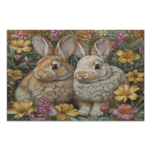 Zwei Hasen mit Blumen Puzzle 500 Teile Erwachsene Pädagogisches Intellektuelles Puzzle Lustige Puzzles, Fertige Größe 20,5 x 14,9 Zoll von CHIFIGNO