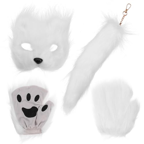 CHILDWEET 1 Satz Fuchs-Masken-Set Wolfsmaske Welpenmaske Halloween-Dekorationen im Freien tierische fuchs maske tierhandschuhe Fursuit-Pfoten Halloween-Maske Stoff Weiß von CHILDWEET