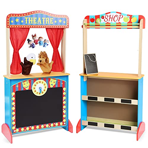 Deluxe Puppentheater aus Holz mit Vorhängen, Tafel und Uhr, Doppelseitiger Spielladen 3-8Y & Kid Puppet Show Theater mit 2 Handpuppen und 4 Fingerpuppen für Kleinkinder 1-3 von CHIUHEI