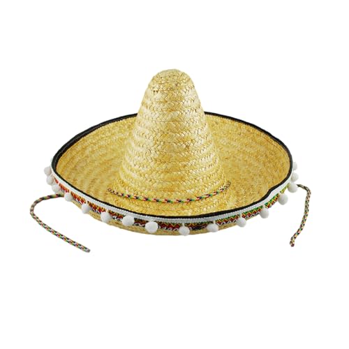 CHIZISX Baseballkappe, Mexikanischer Sombrero-Hut, handgefertigter Strohhut, Hawaii-Stil, Kostüm-Requisiten, Strohhut mit weißen Pompons von CHIZISX