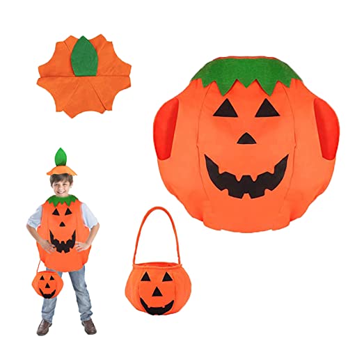 CHLDYCST Halloween Kürbis Kinder Kostüm, Cosplay Make up Kostüm mit Hut und Korb Laterne Gesicht Kürbis Set für Jungen Mädchen Teenager Festival Requisiten von CHLDYCST