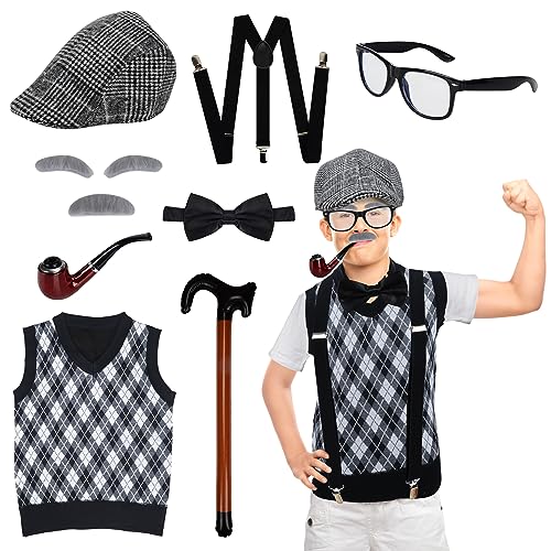 CHMMY 10PCS Kinder Alte Mann Kostüm Set,Opa Kostüm Cosplay Accessoire, Großvater Verkleidung Kit Halloween Cosplay Kostüm Requisite, Hut, Brille und Weste, Aufblasbarer Spazierstock von CHMMY