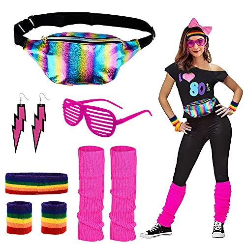 CHMMY 80er Jahre Accessoires Outfit Damen, 80er Jahre Kleidung Damen Set mit Bauchtasche, Stirnband, Beinwärmer, Armbänder, Brille und Ohrring für Karneval Neon 80 Jahre Party Outfit Damen Mehrfarbig von CHMMY