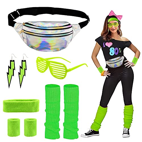 CHMMY 80er Jahre Accessoires Outfit Damen, 80er Jahre Kleidung Damen Set mit Bauchtasche, Stirnband, Beinwärmer, Armbänder, Brille und Ohrring für Karneval Neon 80 Jahre Party Outfit Damen Grün von CHMMY