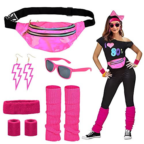 CHMMY 80er Jahre Accessoires, Kleidung Set mit Bauchtasche, Stirnband, Beinwärmer, Armbänder, Brille und Ohrring für Karneval Neon 80 Jahre Party Outfit Damen Rosenrot von CHMMY