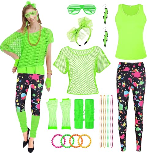 CHMMY 80er Jahre Outfit Damen Netzshirt Weste Leggings 80er Jahre Accessoires Beinwärmer Armbänder Halskette Stirnband Ohrringe Brille Handschuhe für Karneval Fasching 80er 90er Mottoparty Neon Party von CHMMY