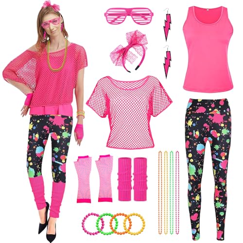 CHMMY 80er Jahre Outfit Damen Netzshirt Weste Leggings 80er Jahre Accessoires Beinwärmer Armbänder Halskette Stirnband Ohrringe Brille Handschuhe für Karneval Fasching 80er 90er Mottoparty Neon Party von CHMMY