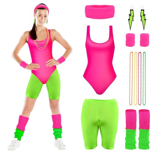 CHMMY 80er Jahre Outfit Damen Sportbekleidung Kostüm Damen 80er Jahre Accessoires Weste, Kurze Hose, Stirnband, Ohrring, Beinwärmer, Armbänder, Halskette, 80er Jahre Sportanzug Damen Karneval von CHMMY