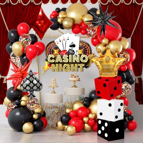 CHMMY 94 Stück Casino Deko Luftballon Set, Casino Luftballon Girlande Bogen Ballon Rot Schwarz Gold Stern Würfel Krone Poker Folienballon für Poker Las Vegas Spieleabend Casino Party Zubehör von CHMMY