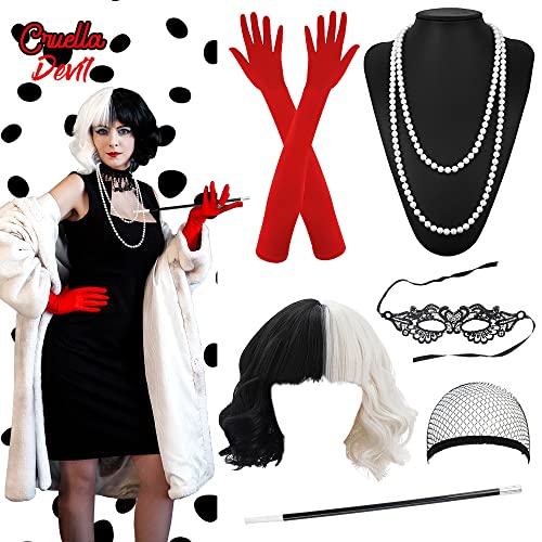 CHMMY Cruella halloween kostüm damen devil 70er Jahre Accessoires Cosplay Perücke Zubehör mit Spitze Maske Handschuhe Perlenschmuck für Karneval von CHMMY