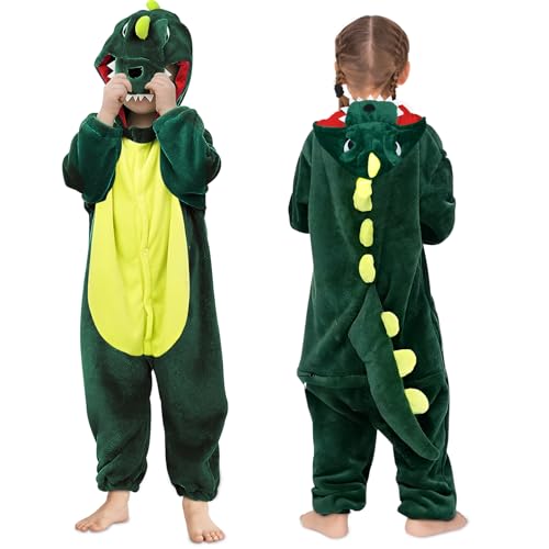 Dinosaurier Kostüm Kinder, Dinosaurier Jumpsuit Kostüm Tier Cosplay Onesie Kinder, Unisex Kostüm Outfit Dinosaurier Overall mit Kapuze Nachtwäsche für Kinder Halloween Karneval Cosplay Party100cm von CHMMY