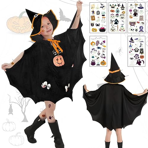 CHMMY Halloween kostüm mädchen Schwarz Fledermaus kostüm kinder hexenkostüm kinder halloween fledermaus umhang mit Hut Kürbis Kostüm Mädchen 5 * Aufklebern, Karnevalskostüme für Höhe 90-150cm von CHMMY