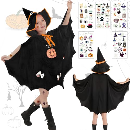 CHMMY Halloween kostüm mädchen Schwarz Fledermaus kostüm kinder hexenkostüm kinder halloween fledermaus umhang mit Hut Kürbis Kostüm Mädchen 5 * Aufklebern, Karnevalskostüme für Höhe von CHMMY