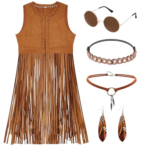 CHMMY Hippie Kleidung Damen Set 60er 70er Jahre Outfit Damen Mädchen Braun Fransen Weste Hippie Kostüm Fransenweste Hippie Accessoires Karneval Faschingskostüme Hallowee (S) von CHMMY