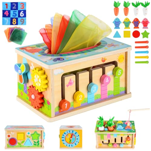 CHMMY Holzspielzeug Baby Set, 7 in 1 Baby Montessori Spielzeug Tissue Box Karotten für Kinder, Motorikwürfel Holzspielzeug 1 2 3 Jahre, Lernspielzeug Geschenk für Baby Kinder von CHMMY