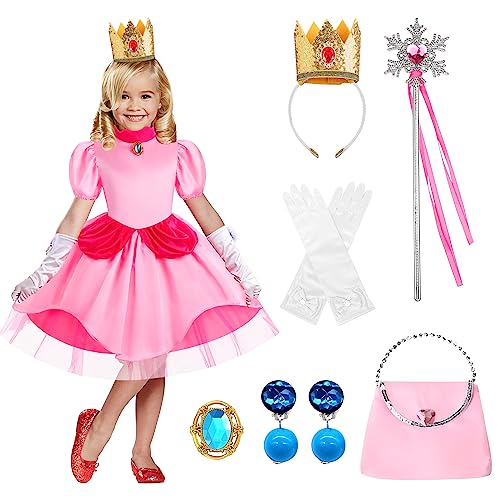 CHMMY Peach Kostüme Mädchen Prinzessin Peach Kleid Kinder 7-8 Jahre Kinder Kostüm Outfit Kleider Cosplay mit Zubehör für Halloween Karneval Hochzeit Geburtstag Party Verkleidung Kinder von CHMMY