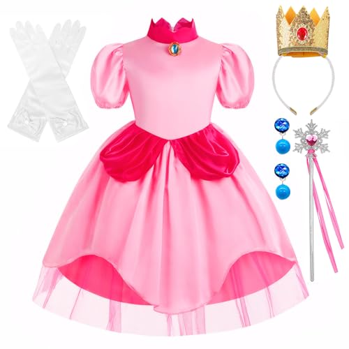 CHMMY Peach Kostüme Mädchen Prinzessin Peach Kleid Kinder Kostüm Outfit Kleider Cosplay mit Zubehör für Halloween Karneval Hochzeit Geburtstag Party Verkleidung Kinder von CHMMY