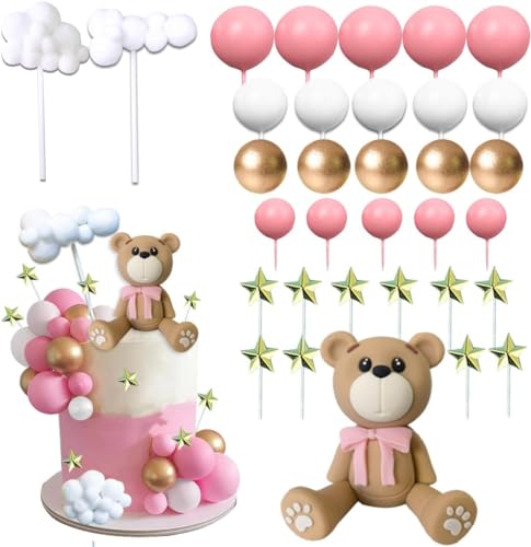 Teddybär Kuchen Dekoration, 33 Stück Teddybär Tortendeko Geburtstag, Cake Topper Geburtstag mit Kugeln, Wolke, Sterne, Tortendeko Bär Kuchen Topper für Mädchen Junge Geburtstag Babyparty Hochzeit von CHONGQILAO