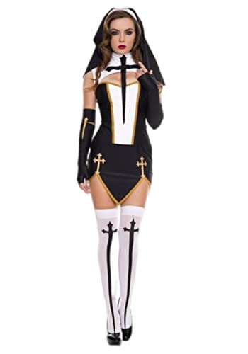 CHOUBAGUAI Nonnenkostüme für Erwachsene, Damen, Cosplay-Kleid mit schwarzer Kapuze, für Halloween, Schwester, Cosplay, Party, Schwarz, Größe S von CHOUBAGUAI