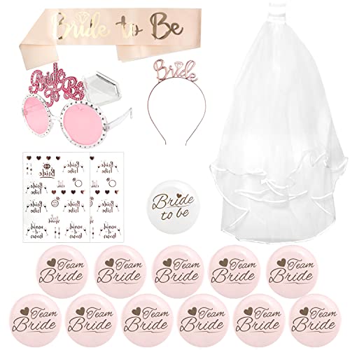 CHRI JGA Deko Frauen Set 18PCS JGA Accessoires Deko mit Bride to be Schärpe und Schleier Set Abzeichen Tiara Brille Team Braut Tattoos 12 Team Bride Buttons (Set A) von CHRI