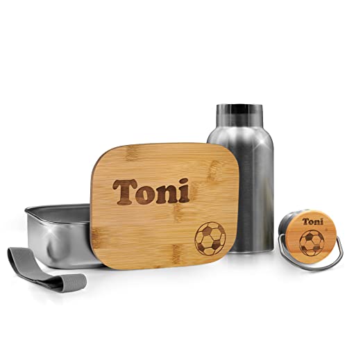 Chrisck Design Personalisierte Brotdose und Trinkflasche Set Kinder - mit Namen & Motiven personalisiert – nachhaltige Brotbüchse & Flasche aus Edelstahl mit Holzdeckel – für Kindergarten Kita Schule von Chrisck Design