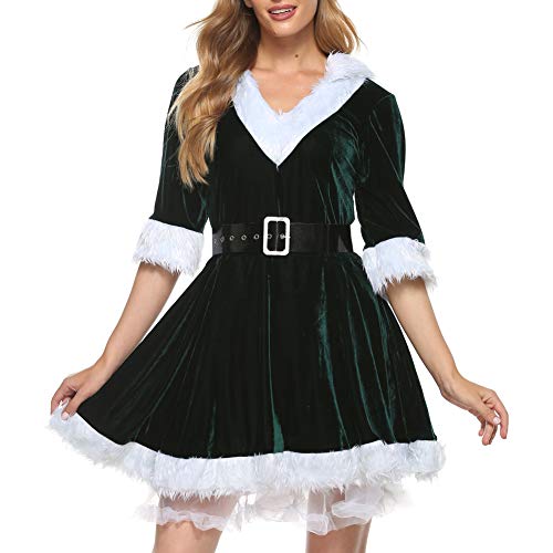 CHRONSTYLE Weihnachten weihnachtsmann Cosplay kostüm Frauen v-Ausschnitt Dress mit gürtel Damen Rollenspiel Outfits Fräulein Claus Kleid Party Cosplay Santa Outfit (Grün, M) von CHRONSTYLE