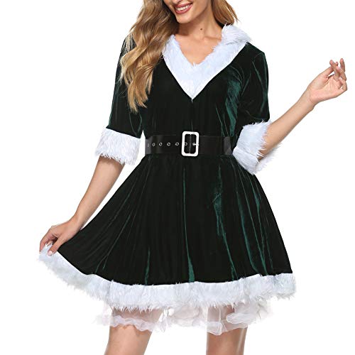 CHRONSTYLE Weihnachten weihnachtsmann Cosplay kostüm Frauen v-Ausschnitt Dress mit gürtel Damen Rollenspiel Outfits Fräulein Claus Kleid Party Cosplay Santa Outfit (Grün, M) von CHRONSTYLE