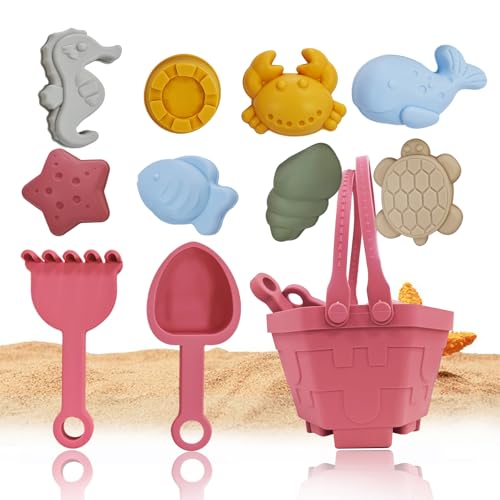 CHSEEO Sandspielzeug Silikon, 11 Stück Strandspielzeug Kinder, Sandkasten Spielzeug mit Eimer, Sandformen, Tierformen, Netzbeutel, Gartenspielzeug für Kinder, Sandspielzeug für Mädchen Junge(Rosa) CHSEEO Sandspielzeug Silikon, 11 Stück Strandspielzeug Kinder, Sandkasten Spielzeug mit Eimer, Sandformen, Tierformen, Netzbeutel, Gartenspielzeug für Kinder, Sandspielzeug für Mädchen Junge(Rosa) von CHSEEO