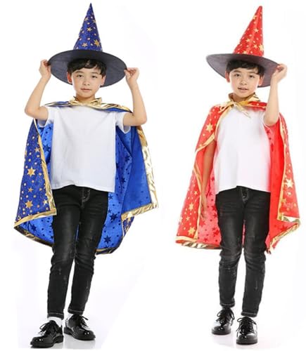 CHUANGOU 2pcs Halloween Witch Cape, Halloween Costume Witch Wizard Cape, Cape and Magic Hat Set, Wizard Coat with Hat, Wizard Cape Witch Cape (Blau, Orange) von CHUANGOU